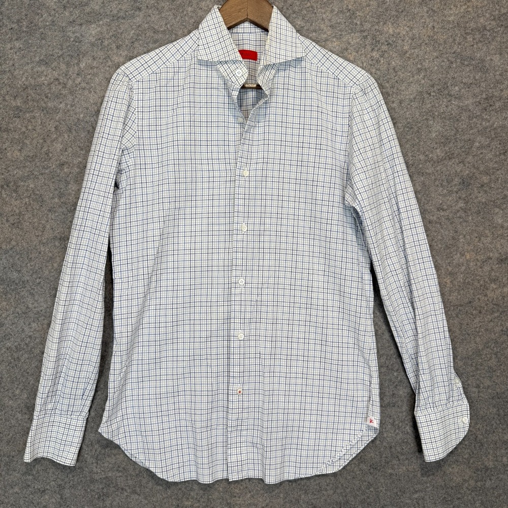 ISAIA Napoli Dress Button Shirt Mens Medium 15 38 Checkered Designer Italy